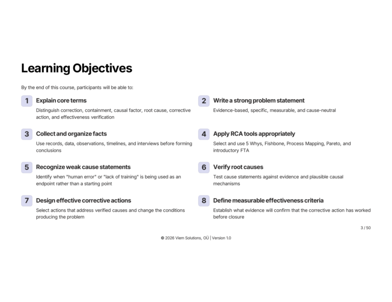 RCA training — learning objectives slide